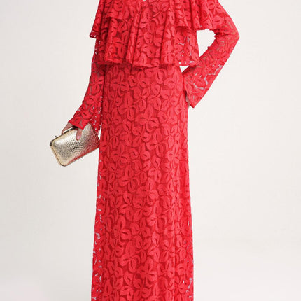 Red Long lace dress with ruffle detail on the neckline 94637