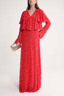 Red Long lace dress with ruffle detail on the neckline 94637