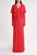 Red Long lace dress with ruffle detail on the neckline 94637