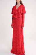 Red Long lace dress with ruffle detail on the neckline 94637