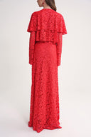 Red Long lace dress with ruffle detail on the neckline 94637