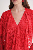 Red Long lace dress with ruffle detail on the neckline 94637