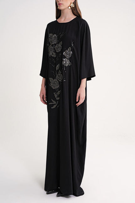 Black Embroidered detailed loose fit long dress 94648