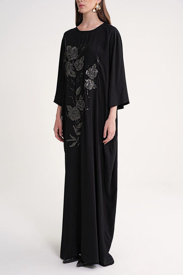 Black Embroidered detailed loose fit long dress 94648