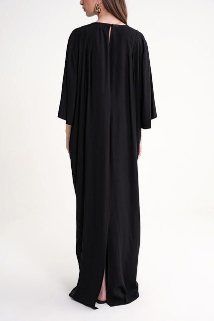 Black Embroidered detailed loose fit long dress 94648
