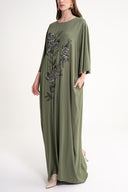 Khaki Embroidered detailed loose fit long dress 94648