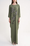Khaki Embroidered detailed loose fit long dress 94648
