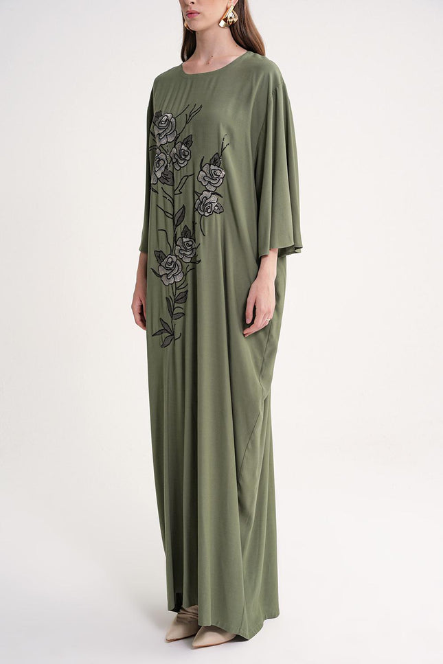 Khaki Embroidered detailed loose fit long dress 94648