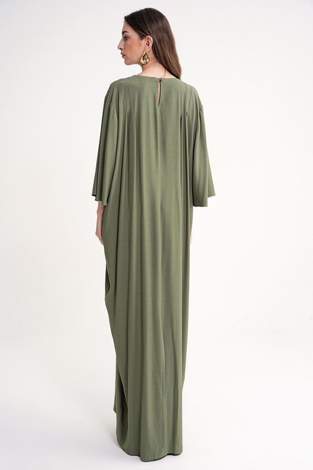 Khaki Embroidered detailed loose fit long dress 94648