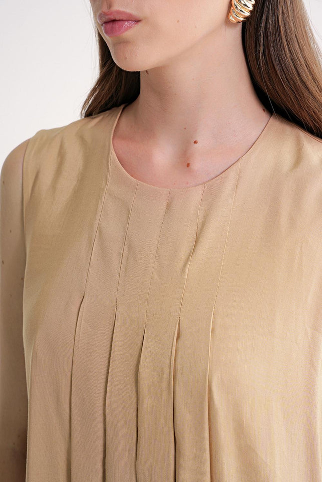 Camel Hair Pleated detailed loose linen dress 94653