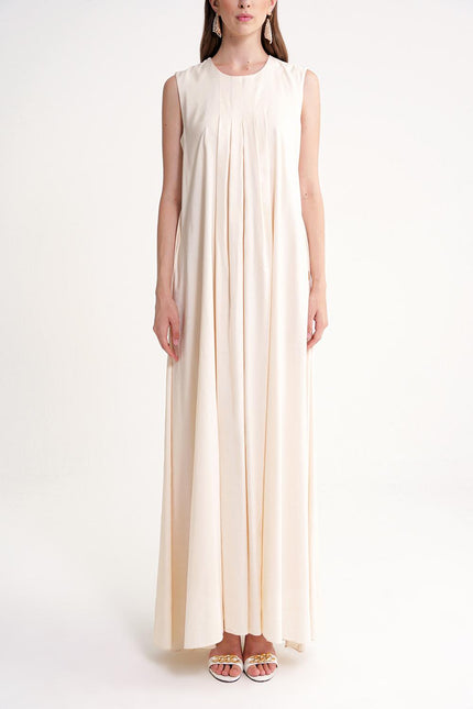 Ecru Pleated detailed loose linen dress 94653