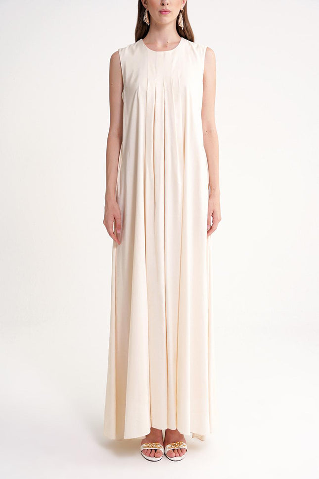 Ecru Pleated detailed loose linen dress 94653