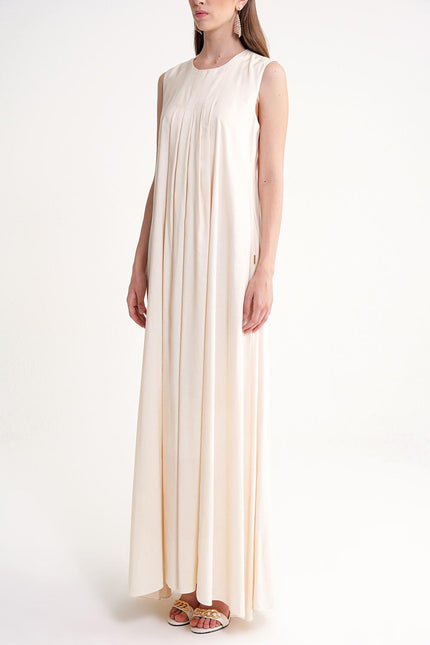Ecru Pleated detailed loose linen dress 94653