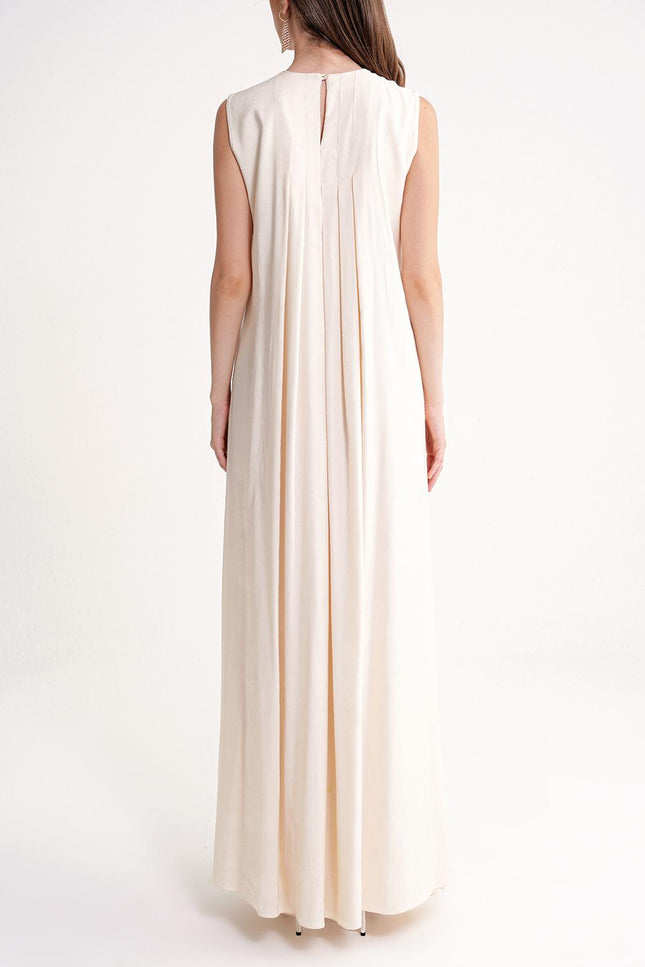 Ecru Pleated detailed loose linen dress 94653
