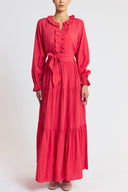 Red Ruffle detailed loose fit long dress 94656