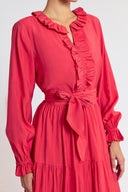 Red Ruffle detailed loose fit long dress 94656