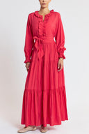 Red Ruffle detailed loose fit long dress 94656