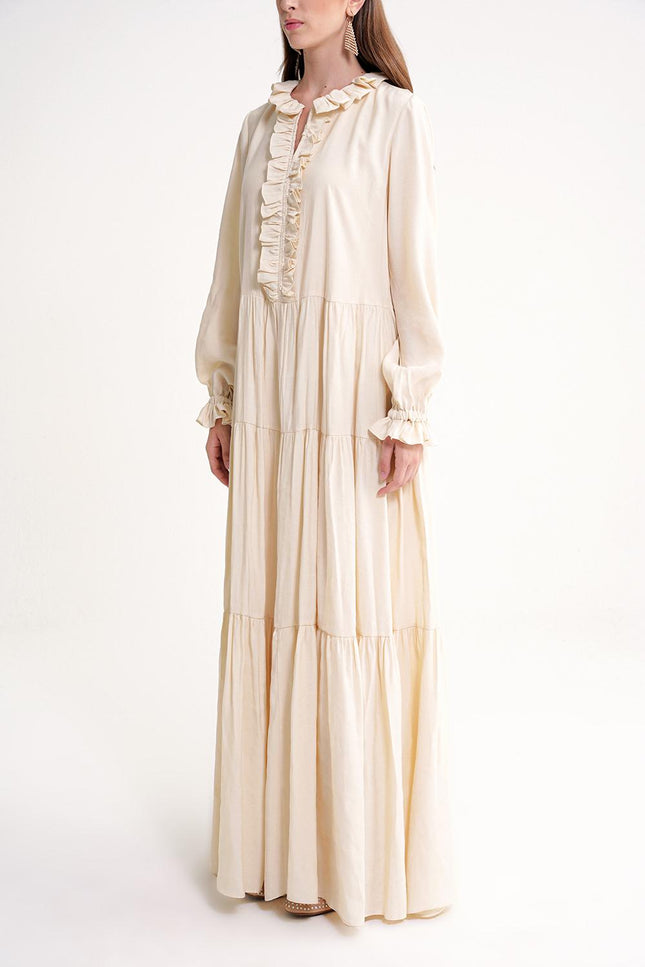 Ecru Ruffle detailed loose fit long dress 94656