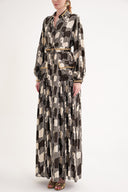 Patterned Stripe detailed gathered loose fit long shirt dress 94675