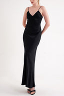 Black Strappy, figure-hugging long satin dress 94689
