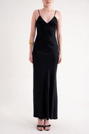 Black Strappy, figure-hugging long satin dress 94689