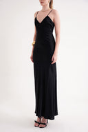 Black Strappy, figure-hugging long satin dress 94689