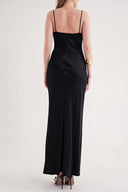 Black Strappy, figure-hugging long satin dress 94689