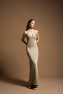 Beige Strappy, figure-hugging long satin dress 94689