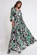Patterned Loose-fitting, gathered, belted long dress 94758