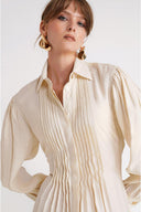 Ecru Loose-fitting long shirt dress with ribbed stitching detail 94764