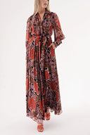 Patterned Belted long shirt dress with piping detail 94774