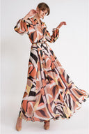 Patterned Long dress with button and belt detail 94789