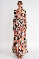 Patterned Long dress with button and belt detail 94789