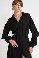 Black Valon detailed loose-fitting belted shirt dress 94795