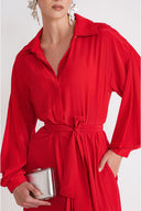 Red Valon detailed loose-fitting belted shirt dress 94795
