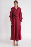 Burgundy Valon detailed loose-fitting belted shirt dress 94795