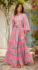 Striped Balloon sleeve ruched long shirt dress 94799