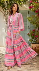 Striped Balloon sleeve ruched long shirt dress 94799