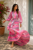 Striped Balloon sleeve ruched long shirt dress 94799