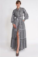 White Black Striped Balloon sleeve ruched long shirt dress 94799