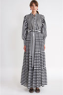 White Black Striped Balloon sleeve ruched long shirt dress 94799