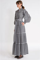 White Black Striped Balloon sleeve ruched long shirt dress 94799