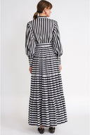White Black Striped Balloon sleeve ruched long shirt dress 94799