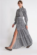 White Black Striped Balloon sleeve ruched long shirt dress 94799