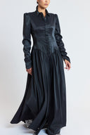 Black Pleated  long dress with waist fit 94830