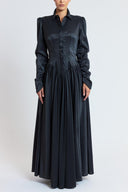 Black Pleated  long dress with waist fit 94830