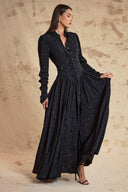 Black Painted Pleated  long dress with waist fit 94830