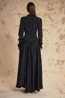 Black Painted Pleated  long dress with waist fit 94830