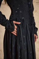 Black Painted Pleated  long dress with waist fit 94830