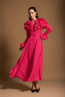 Fuchsia High collar ruffle-detail shirt dress 94855